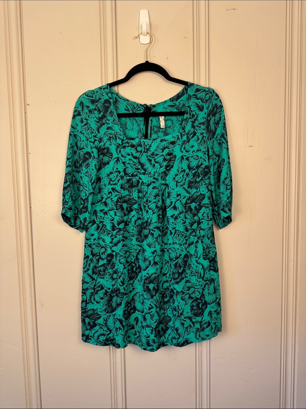 Vintage Anthropologie Maeve Teal Navy Floral Mini Dress Button Front Womens 2